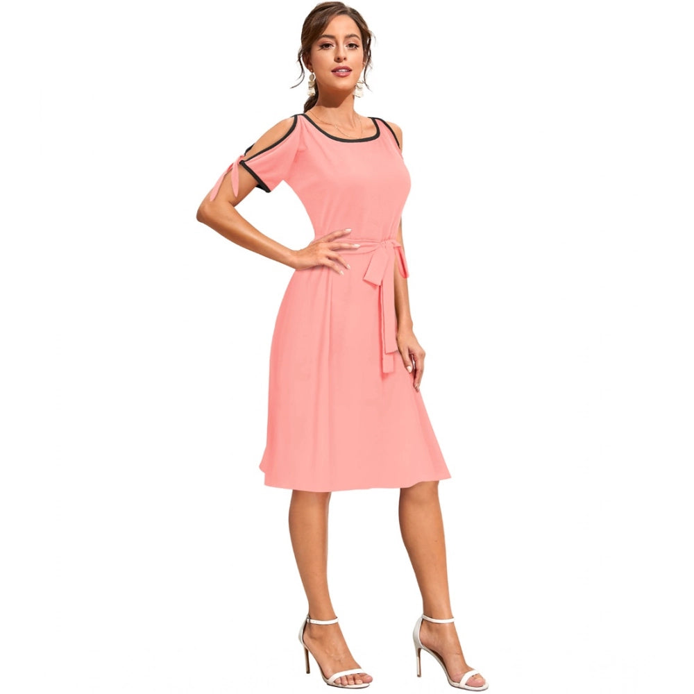 PKRKART Women's Knitting stretchable Solid Round Neck Sleeveless Dress (Peach)