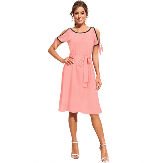 PKRKART Women's Knitting stretchable Solid Round Neck Sleeveless Dress (Peach)