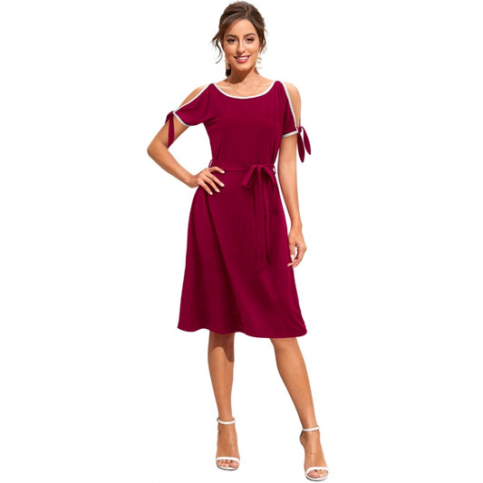 PKRKART Women's Knitting stretchable Solid Round Neck Sleeveless Dress (Maroon)