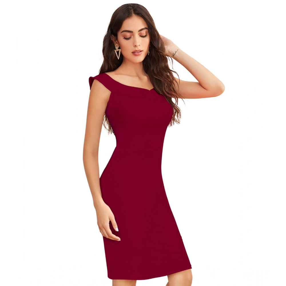 PKRKART Women's Knitting stretchable Solid Round Neck Sleeveless Dress (Maroon)