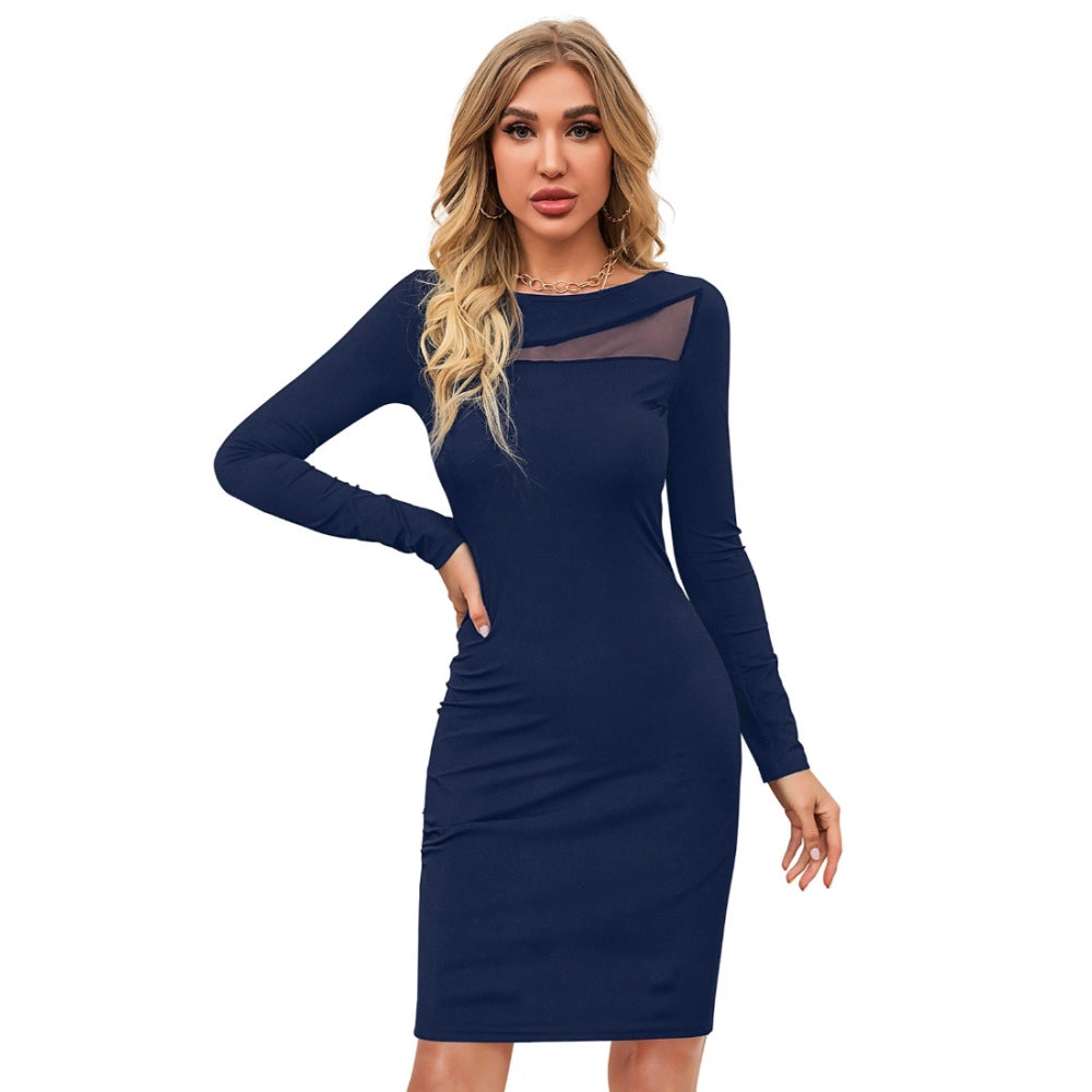 PKRKART Women's Knitting stretchable Solid Round Neck Full Sleeve Dress (Blue )
