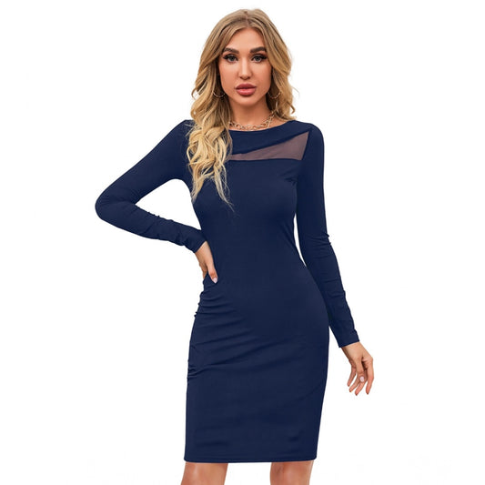 PKRKART Women's Knitting stretchable Solid Round Neck Full Sleeve Dress (Blue )