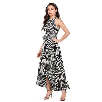 PKRKART Women's Polyester Zebra Pattern Halter Neck Sleeveless Dress (White)