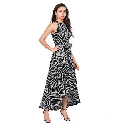 PKRKART Women's Polyester Zebra Pattern Halter Neck Sleeveless Dress (Navy Blue)