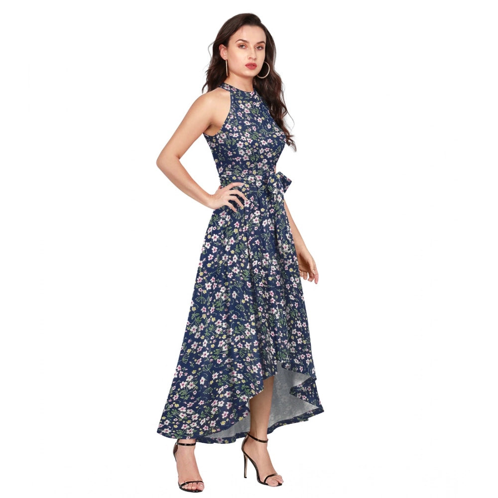 PKRKART Women's Polyester Printed Halter Neck Sleeveless Dress (Blue)