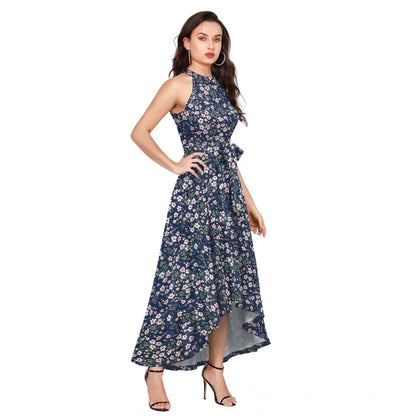 PKRKART Women's Polyester Printed Halter Neck Sleeveless Dress (Blue)