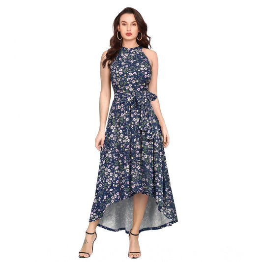 PKRKART Women's Polyester Printed Halter Neck Sleeveless Dress (Blue)