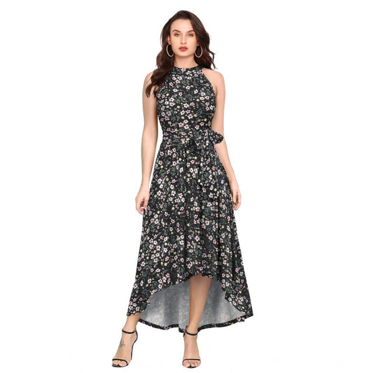PKRKART Women's Polyester Printed Halter Neck Sleeveless Dress (Black)