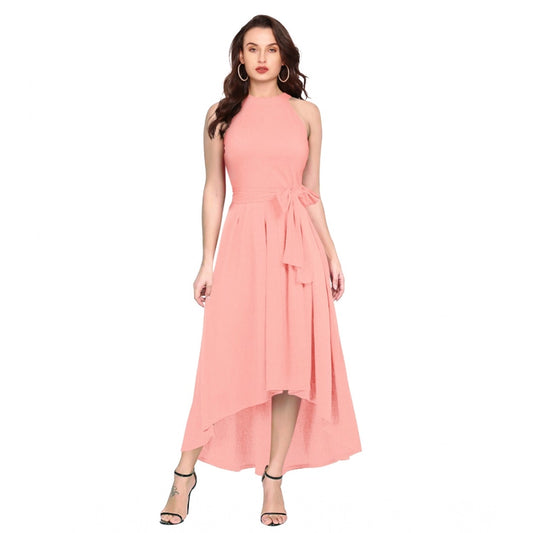 PKRKART Women's Polyster Solid Halter Neck Sleeveless Dress (Peach)