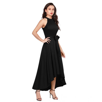 PKRKART Women's Polyster Solid Halter Neck Sleeveless Dress (Black)