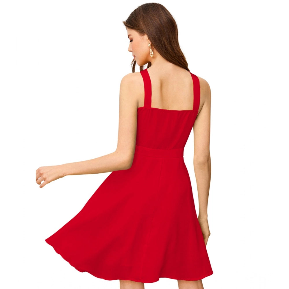 PKRKART Women's Knitting stretchable Solid Halter Neck Sleeveless Dress (Red )