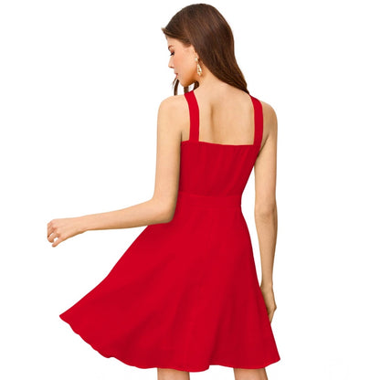 PKRKART Women's Knitting stretchable Solid Halter Neck Sleeveless Dress (Red )