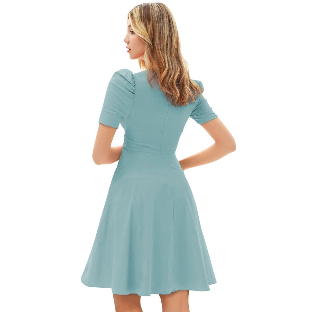 PKRKART Women's Knitting stretchable Solid V Neck Cap Sleeve Dress (Pista)