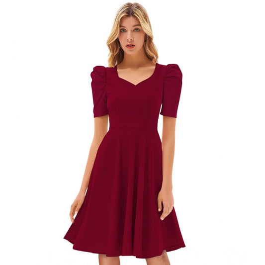 PKRKART Women's Knitting stretchable Solid V Neck Cap Sleeve Dress (Maroon)