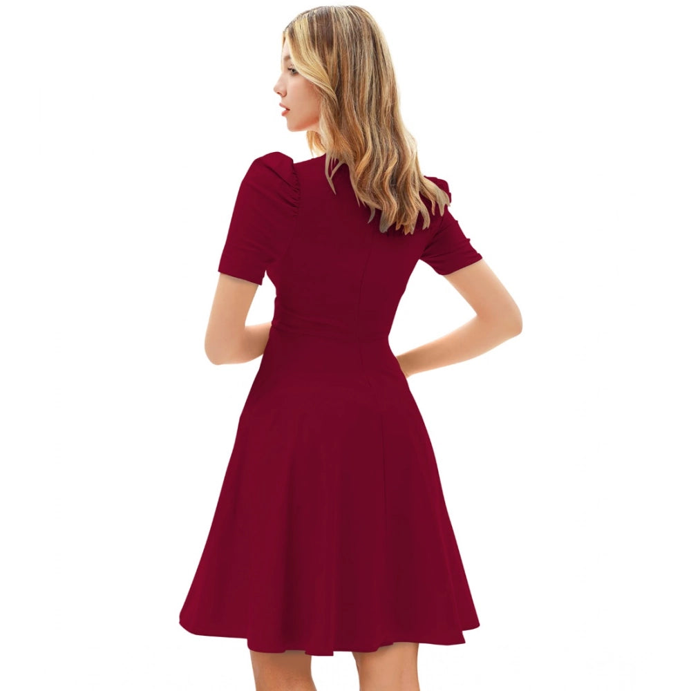 PKRKART Women's Knitting stretchable Solid V Neck Cap Sleeve Dress (Maroon)