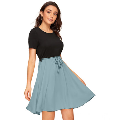 PKRKART Women's Knitting stretchable Solid Round Neck Cap Sleeve Dress (Pista)