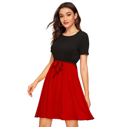 PKRKART Women's Knitting stretchable Solid Round Neck Cap Sleeve Dress (Red)