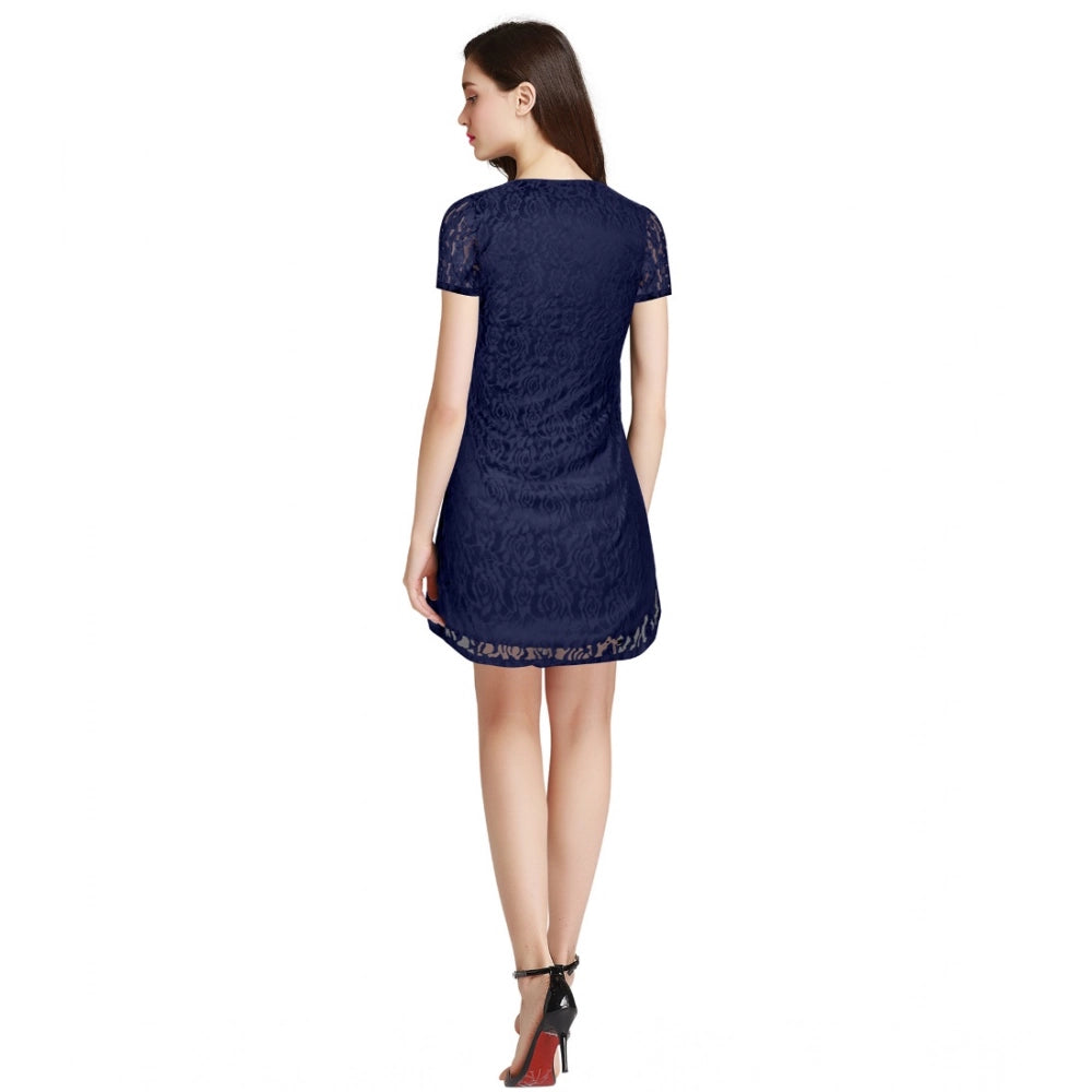 PKRKART Women's Rasal Solid Round Neck Cap Sleeve Dress (Blue)
