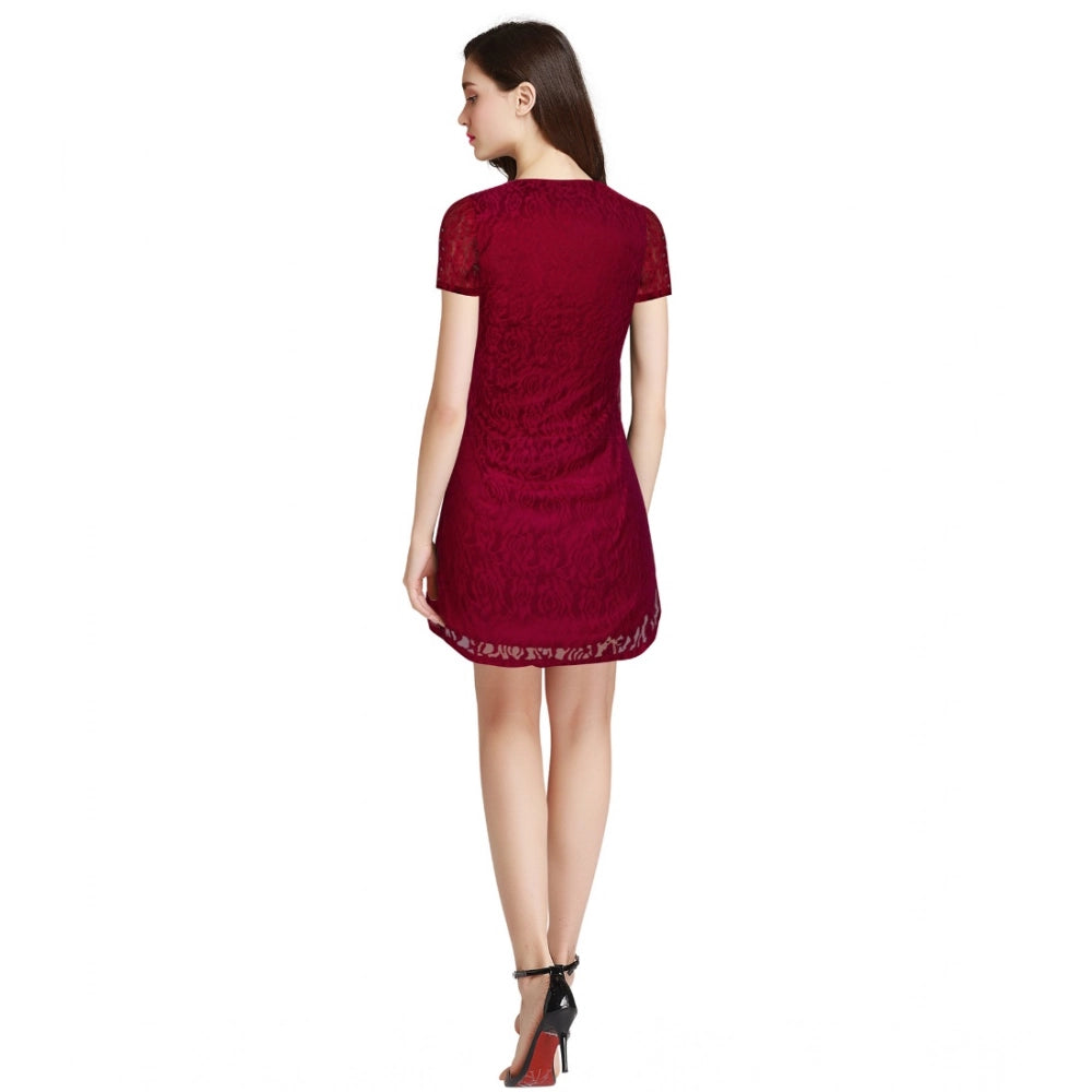 PKRKART Women's Rasal Solid Round Neck Cap Sleeve Dress (Maroon)