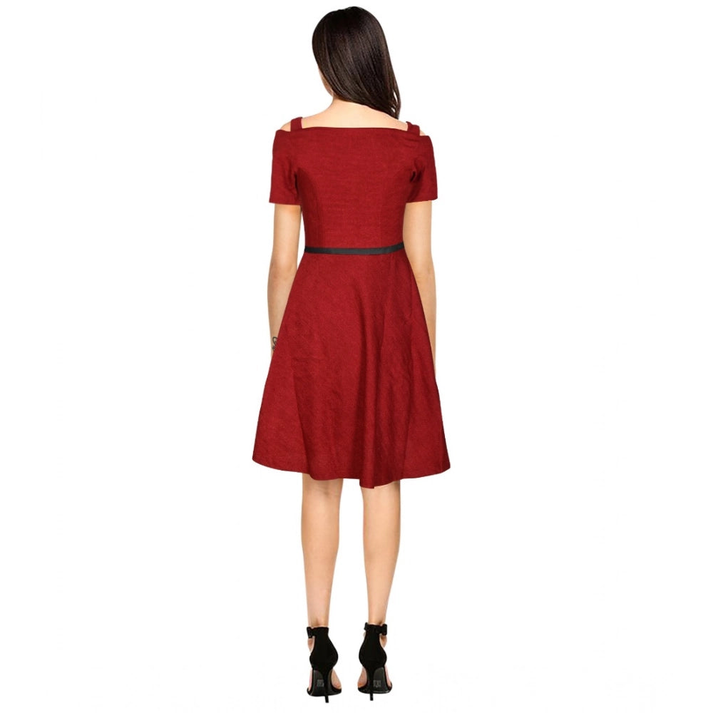 PKRKART Women's Polyester Solid V Neck Cap Sleeve Dress (Maroon)