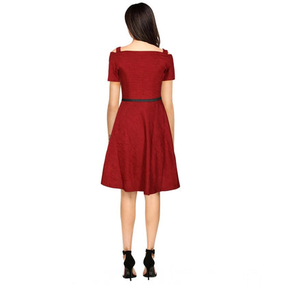 PKRKART Women's Polyester Solid V Neck Cap Sleeve Dress (Maroon)