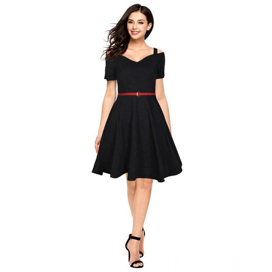 PKRKART Women's Polyester Solid V Neck Cap Sleeve Dress (Black)