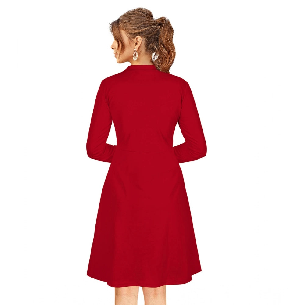 PKRKART Women's Knitting stretchable Solid Round Neck Full Sleeve Dress (Red)