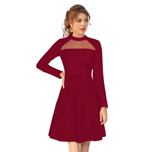 PKRKART Women's Knitting stretchable Solid Round Neck Full Sleeve Dress (Maroon)