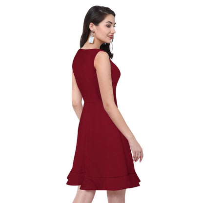 PKRKART Women's Polyester Solid Round Neck Sleeveless Dress (Maroon)