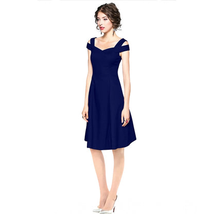 PKRKART Women's Polyester Solid V Neck Cap Sleeve off Shoulder Dress (Blue)