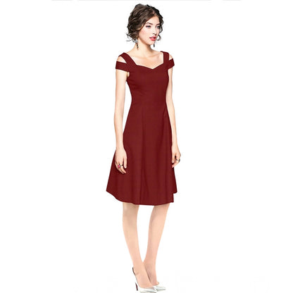 PKRKART Women's Polyester Solid V Neck Cap Sleeve off Shoulder Dress (Maroon)
