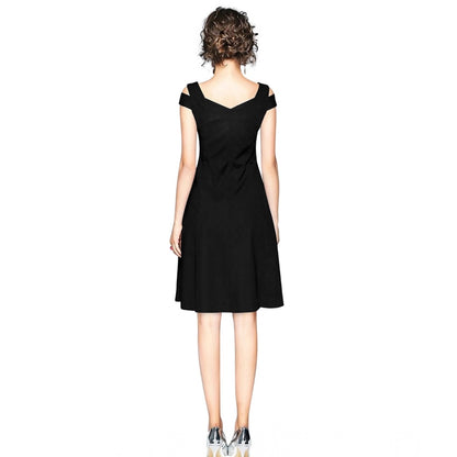PKRKART Women's Polyester Solid V Neck Cap Sleeve off Shoulder Dress (Black)