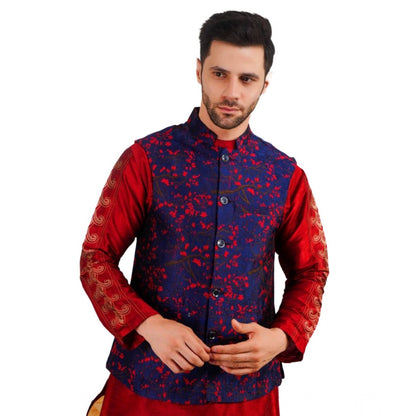 PKRKART Men's Jacquard Self-Design Sleeveless Mandarin Neck Waistcoat (Blue-Red)
