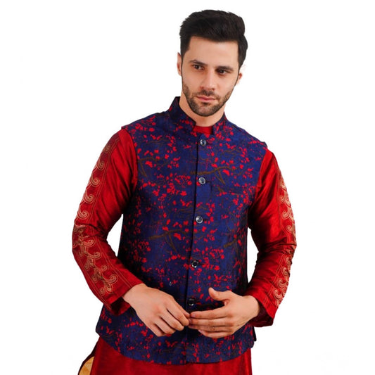 PKRKART Men's Jacquard Self-Design Sleeveless Mandarin Neck Waistcoat (Blue-Red)