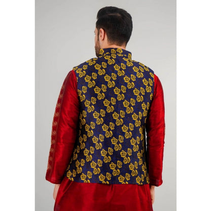 PKRKART Men's Jacquard Self-Design Sleeveless Mandarin Neck Waistcoat (Blue-Gold)