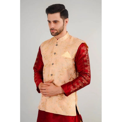 PKRKART Men's Jacquard Self-Design Sleeveless Mandarin Neck Waistcoat (Beige)