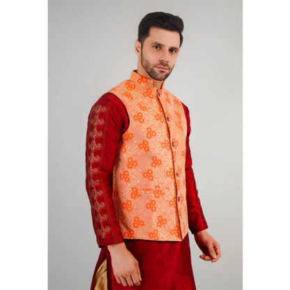 PKRKART Men's Jacquard Self-Design Sleeveless Mandarin Neck Waistcoat (Orange)