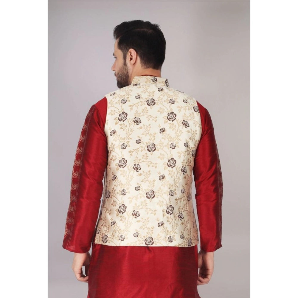 PKRKART Men's Jacquard Self-Design Sleeveless Mandarin Neck Waistcoat (Cream)