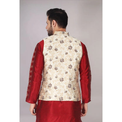 PKRKART Men's Jacquard Self-Design Sleeveless Mandarin Neck Waistcoat (Cream)
