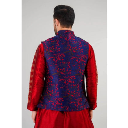 PKRKART Men's Jacquard Self-Design Sleeveless Mandarin Neck Waistcoat (Blue-Red)