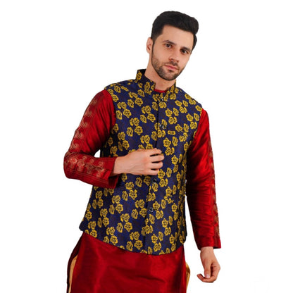 PKRKART Men's Jacquard Self-Design Sleeveless Mandarin Neck Waistcoat (Blue-Gold)