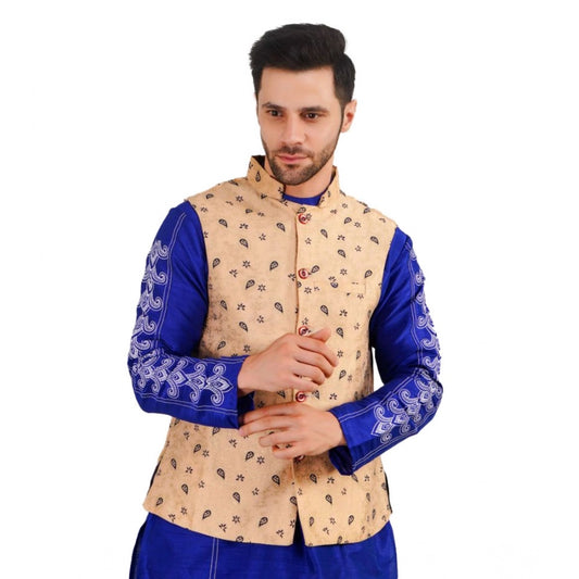 PKRKART Men's Jacquard Self-Design Sleeveless Mandarin Neck Waistcoat (Beige)