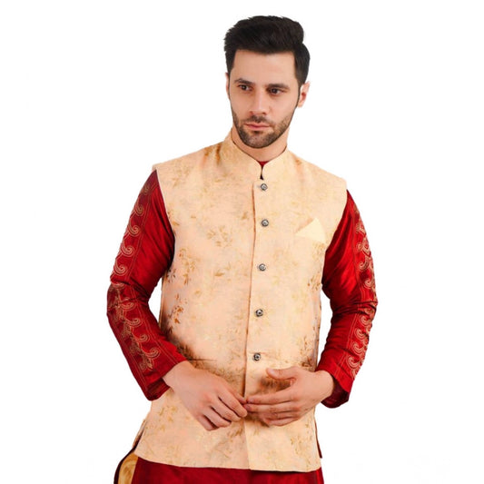 PKRKART Men's Jacquard Self-Design Sleeveless Mandarin Neck Waistcoat (Beige)