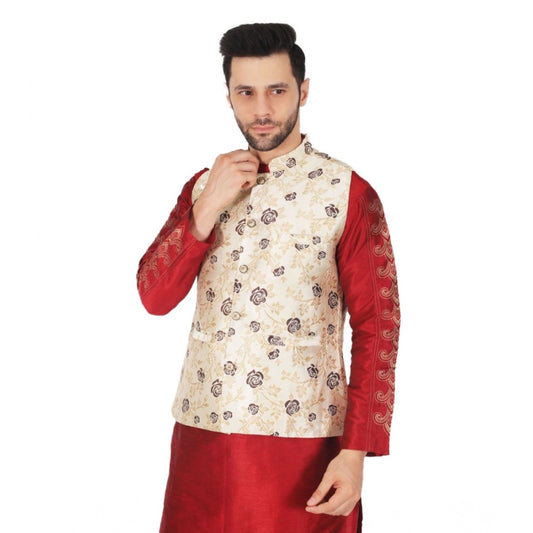 PKRKART Men's Jacquard Self-Design Sleeveless Mandarin Neck Waistcoat (Cream)