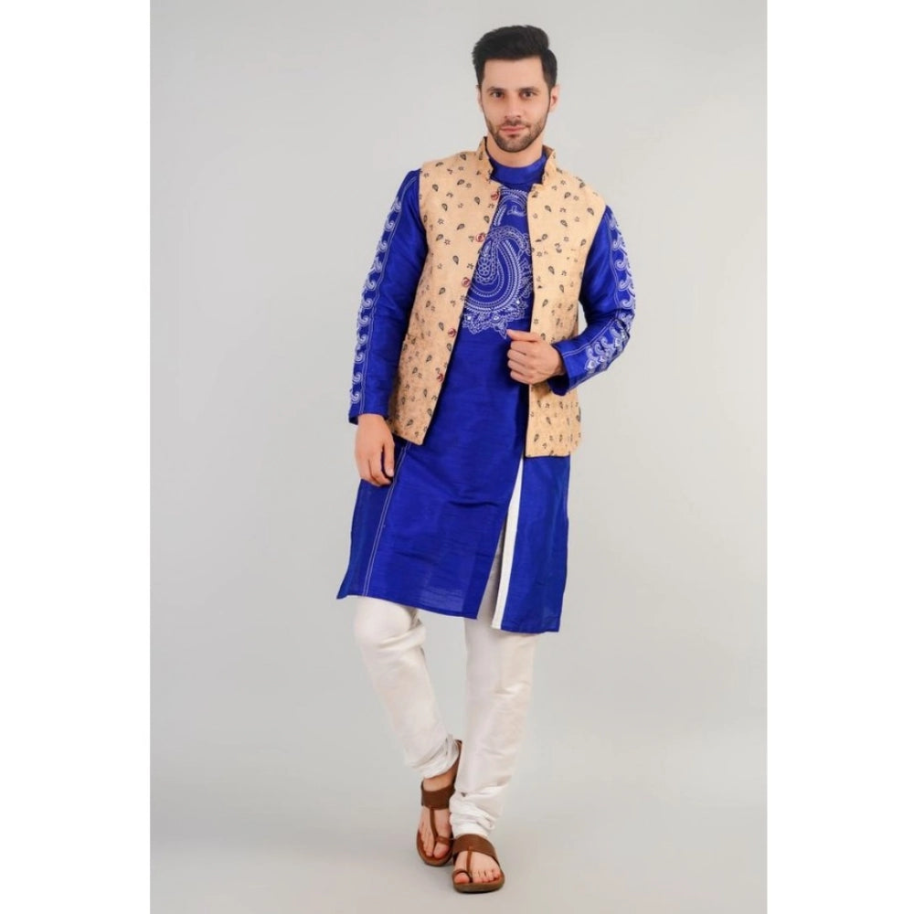 PKRKART Men's Jacquard Self-Design Sleeveless Mandarin Neck Waistcoat (Beige)