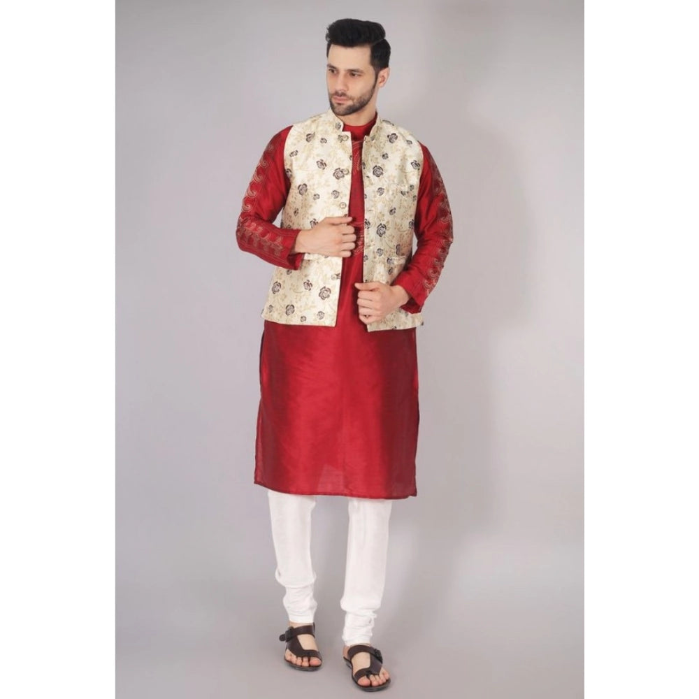 PKRKART Men's Jacquard Self-Design Sleeveless Mandarin Neck Waistcoat (Cream)