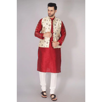 PKRKART Men's Jacquard Self-Design Sleeveless Mandarin Neck Waistcoat (Cream)
