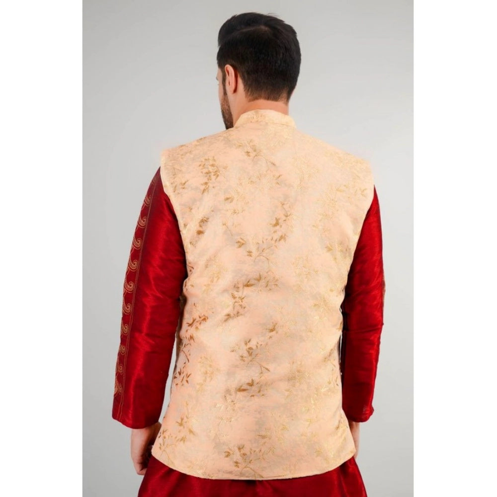 PKRKART Men's Jacquard Self-Design Sleeveless Mandarin Neck Waistcoat (Beige)