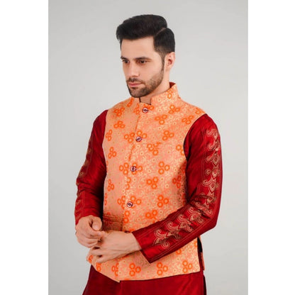 PKRKART Men's Jacquard Self-Design Sleeveless Mandarin Neck Waistcoat (Orange)