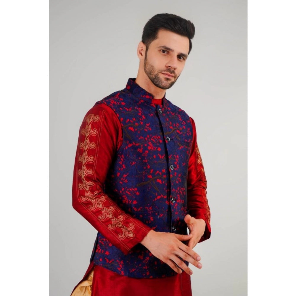 PKRKART Men's Jacquard Self-Design Sleeveless Mandarin Neck Waistcoat (Blue-Red)